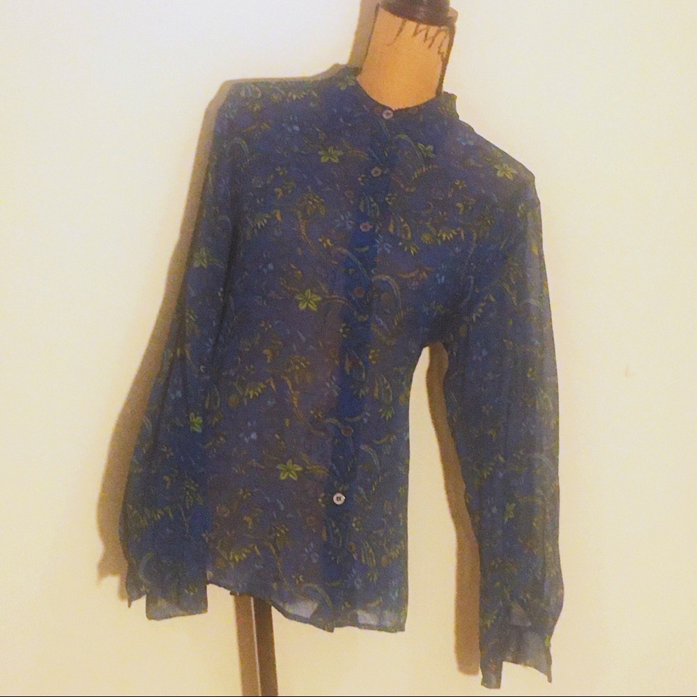 Carole Little EUC 100% silk sheer long sleeve sz 12 blue green floral blouse